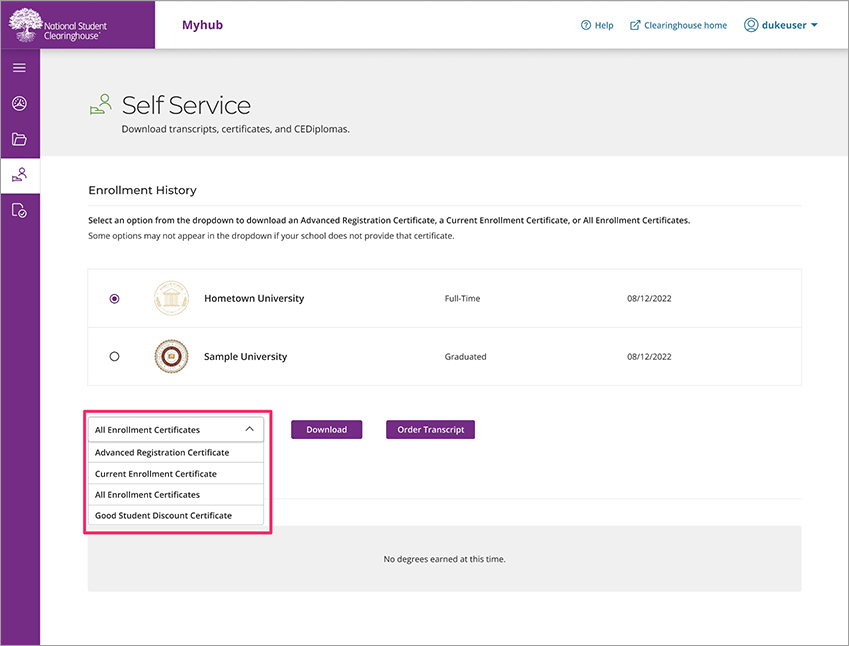 All enrolllment certificates dropdown box on the Enrollment History section of the Self Service screen.