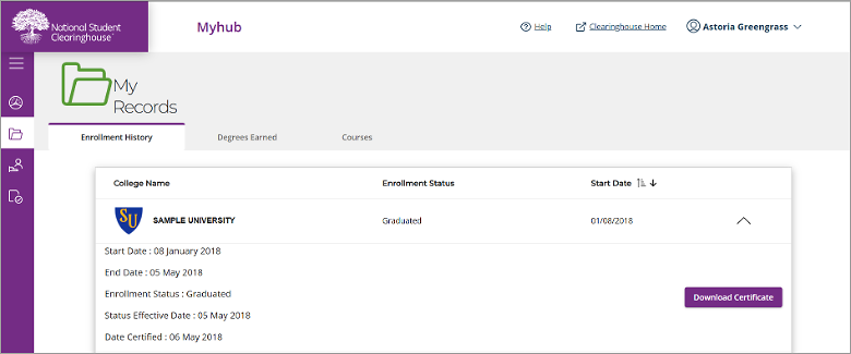 Enrollment history tab on the My Records screen.