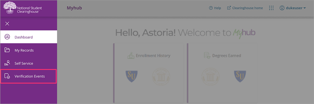Verification events highlighted in the left navigation panel.