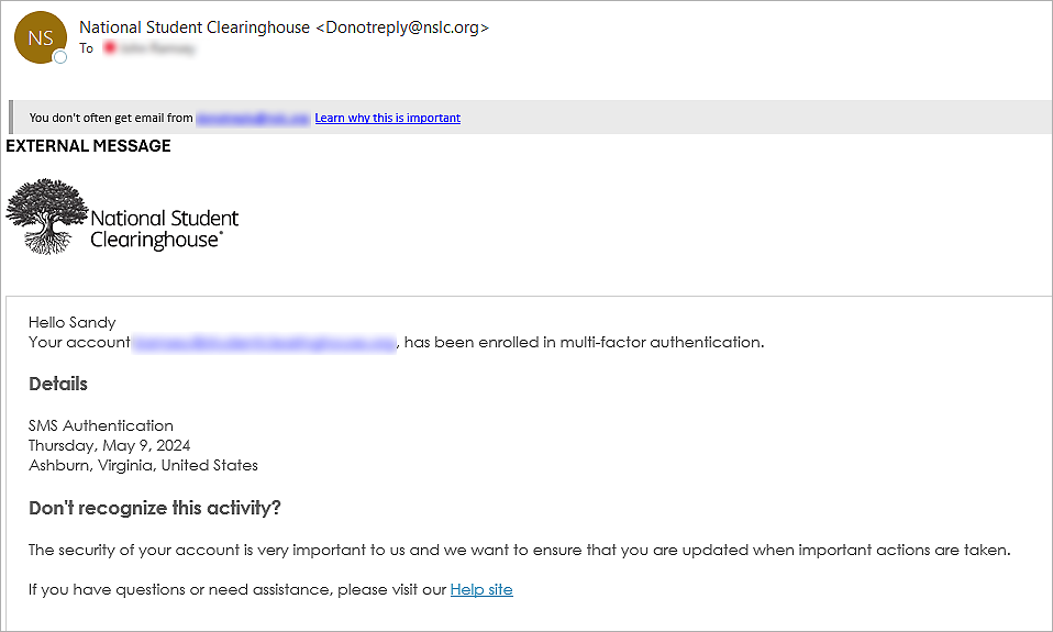 MFA notification email sample