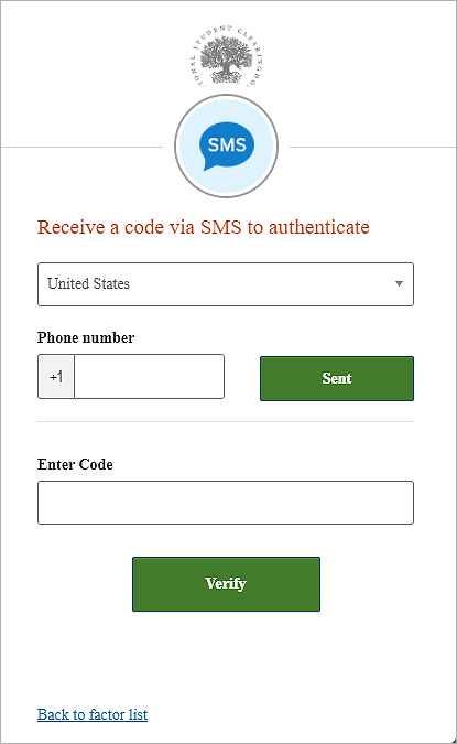 Enter code screen for SMS MFA