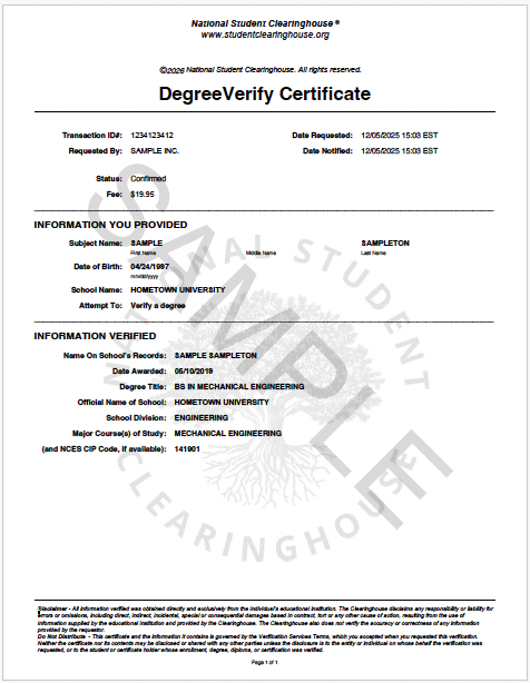 DegreeVerify certificate sample